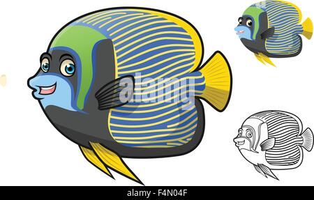 Emperor Angel Fish Cartoon Character Include Flat Design and Line Art Version Stock Vector