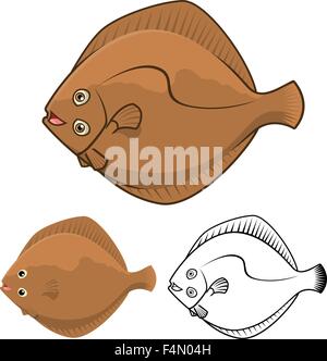 High Quality Flatfish Cartoon Character Include Flat Design and Line Art Version Stock Vector