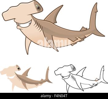 High Quality Hammerhead Shark Cartoon Character Include Flat Design and Line Art Version Stock Vector