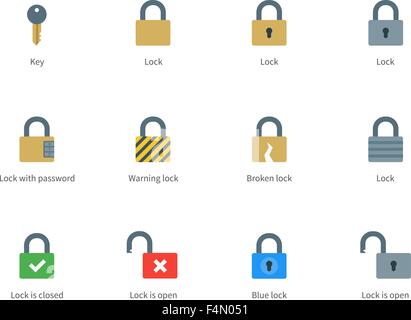 Lock and key color icons on white background. Stock Vector