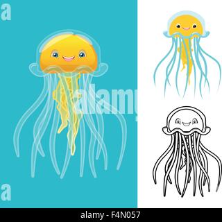 High Quality Jellyfish Cartoon Character Include Flat Design and Line Art Version Stock Vector