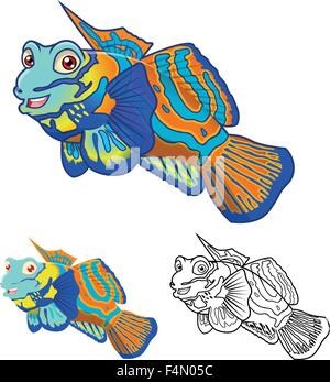 High Quality Mandarinfish Cartoon Character Include Flat Design and Line Art Version Stock Vector