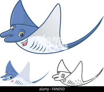 High Quality Manta Ray Cartoon Character Include Flat Design and Line Art Version Stock Vector