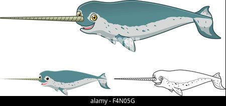 High Quality Narwhal Whale Cartoon Character Include Flat Design and Line Art Version Stock Vector