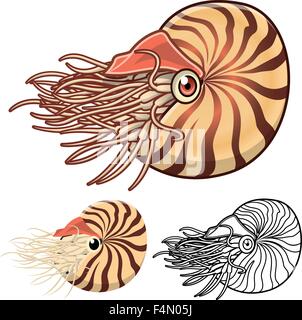 High Quality Nautilus Cartoon Character Include Flat Design and Line Art Version Stock Vector