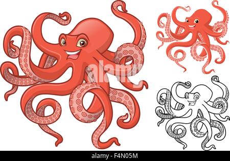 High Quality Octopus Cartoon Character Include Flat Design and Line Art Version Stock Vector