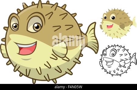 High Quality Puffer Fish Cartoon Character Include Flat Design and Line Art Version Stock Vector
