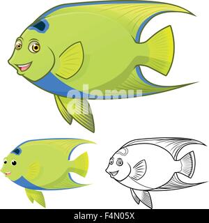 High Quality Queen Angel Fish Cartoon Character Include Flat Design and Line Art Version Stock Vector
