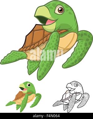 High Quality Sea Turtle Cartoon Character Include Flat Design and Line Art Version Stock Vector