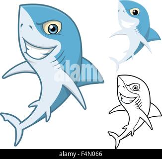 High Quality Shark Cartoon Character Include Flat Design and Line Art Version Stock Vector