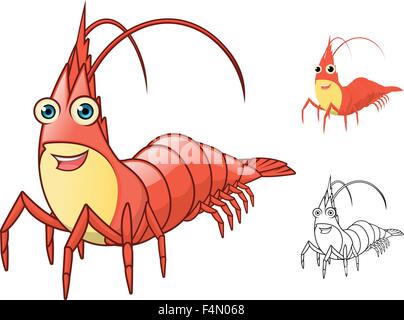 High Quality Shrimp Cartoon Character Include Flat Design and Line Art Version Stock Vector