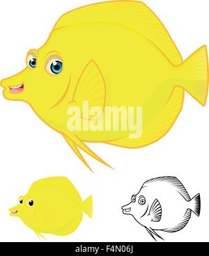 High Quality Yellow Tang Fish Cartoon Character Include Flat Design and Line Art Version Stock Vector