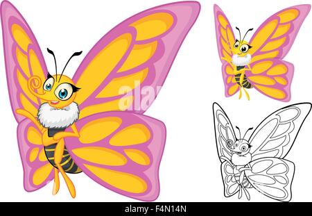 Detailed Butterfly Cartoon Character with Flat Design and Line Art Black and White Version Stock Vector