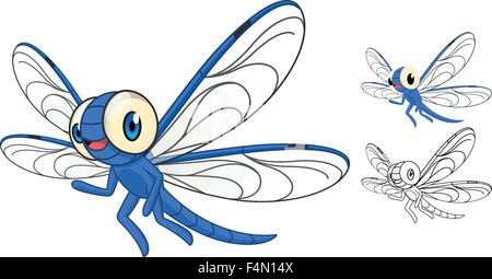 Detailed Dragonfly Cartoon Character with Flat Design and Line Art Black and White Version Stock Vector