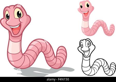 Detailed Earthworm Cartoon Character with Flat Design and Line Art Black and White Version Stock Vector