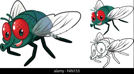 Detailed Fly Cartoon Character with Flat Design and Line Art Black and White Version Stock Vector