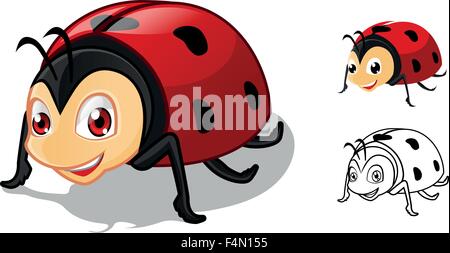 Detailed Ladybug Cartoon Character with Flat Design and Line Art Black and White Version Stock Vector