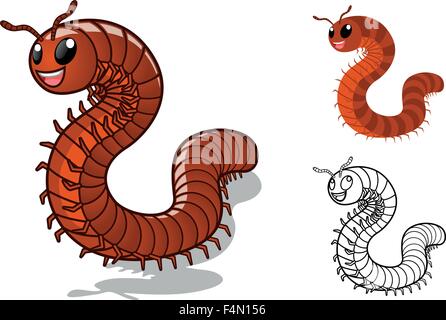 Detailed Millipede Cartoon Character with Flat Design and Line Art Black and White Version Stock Vector