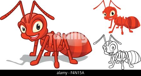 Detailed Red Ant Cartoon Character with Flat Design and Line Art Black and White Version Stock Vector
