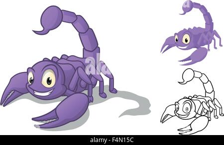 Detailed Scorpion Cartoon Character with Flat Design and Line Art Black and White Version Stock Vector
