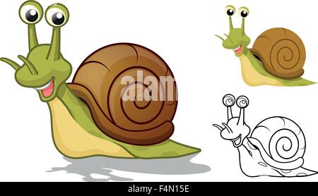 Detailed Snail Cartoon Character with Flat Design and Line Art Black and White Version Stock Vector