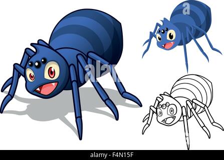 Detailed Spider Cartoon Character with Flat Design and Line Art Black and White Version Stock Vector
