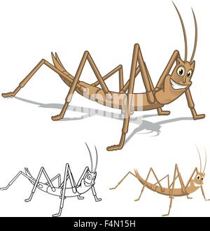 Detailed Stick Insect Cartoon Character with Flat Design and Line Art Black and White Version Stock Vector