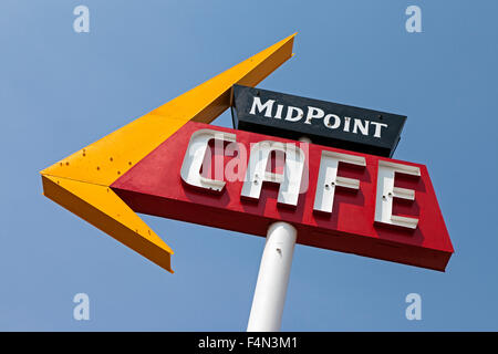 The freshly painted sign for the Midpoint Cafe along Route 66 in Adrian, Texas waits for its neon tubes. Stock Photo