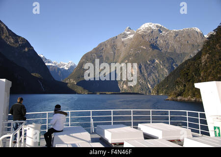 View of Milford Sound, Fiordland, New Zealand, from tourist launch Stock Photo