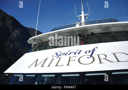 Tourist Launch at Milford Sound, Fiordland, New Zealand Stock Photo