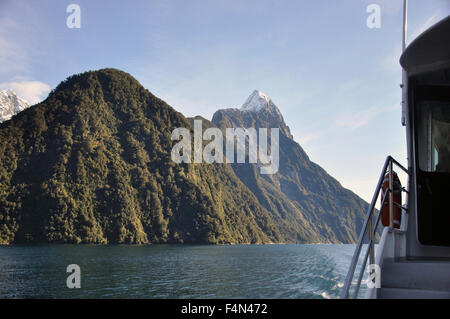 Mitre Peak from tourist launch, Milford Sound, Fiordland, New Zealand Stock Photo