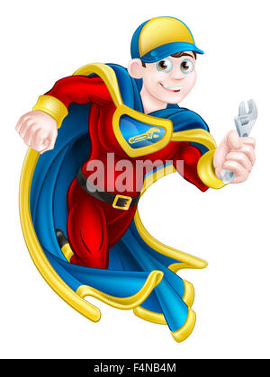 Cartoon mechanic or plumber superhero mascot holding a spanner Stock Photo