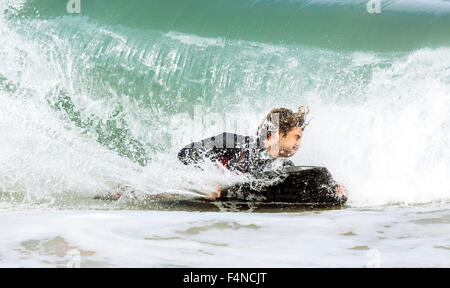 Spain, Asturias, Colunga, body board rider on the waves Stock Photo