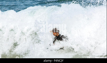 Spain, Asturias, Colunga, body board rider on the waves Stock Photo