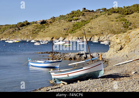 Small boats at Port Lligat in Spain Stock Photo