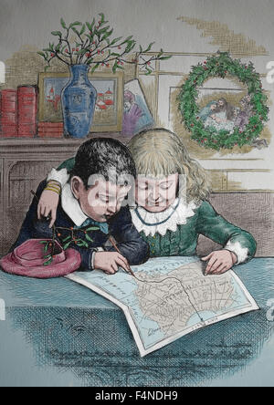 Christmas. Children tracing Santa Claus's route from the North Pole. Engraving 1885 by Thomas Nast. Later colouration.