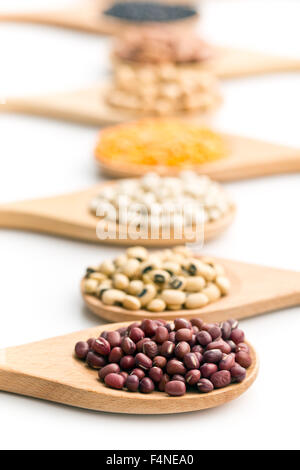 various dried legumes in wooden spoons on white background Stock Photo