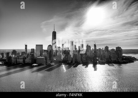 Aerial shot of Lower Manhattan and the Financial District in New York ...