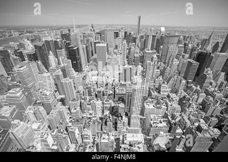Black and white toned aerial view of Manhattan, New York City, USA.