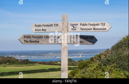 Signpost on Coastal Path, Tennyson Down, Isle of Wight, England, UK Stock Photo