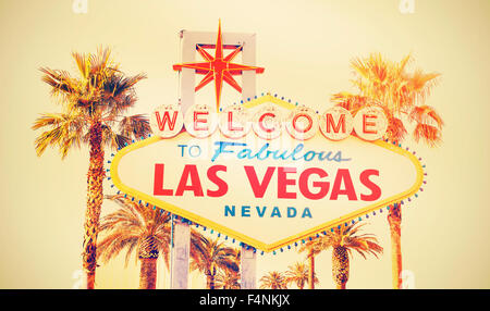 Retro cross processed photo of the Welcome To Las Vegas sign, USA.