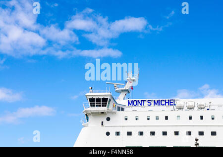 The upper decks and bridge of Brittany Ferries Mont St Michel Ferry. Stock Photo