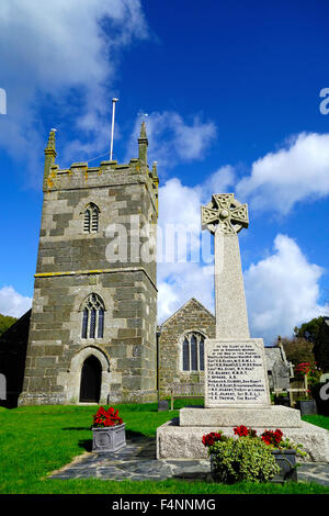 Saint Mellanus Anglican Church, Mullion Village, Lizard Peninsula, Cornwall, England, UK in Summer Stock Photo