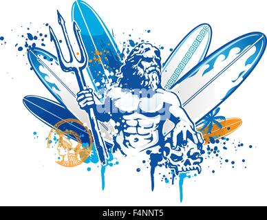 poseidon surfer on surfboard background. illustration vector Stock Vector
