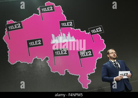 Moscow, Russia. 21st Oct, 2015. TELE2 First Deputy General Director Alexander Provorotov speaks during a press conference on the launch of the TELE2 cell phone provider in Moscow. © Vyacheslav Prokofyev/TASS/Alamy Live News