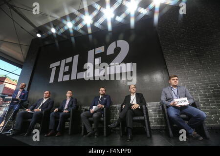 Moscow, Russia. 21st Oct, 2015. TELE2 Communications Director Kirill Alyavdin, Ritvars Krievs, Technical Director at TELE2, Moscow macroregion, TELE2 First Deputy General Director Alexander Provorotov, TELE2 Deputy General Director Jerry Calmes and Roman Volodin (L-R), head of the Marketing and Product Development Department at TELE2, during a press conference on the launch of the TELE2 cell phone provider in Moscow. © Vyacheslav Prokofyev/TASS/Alamy Live News