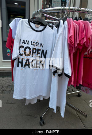 I am lost in Copenhagen. Metro and S-train map printed on tourist t-shirt on pedestrian street Strøget in Copenhagen, Denmark Stock Photo