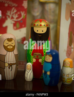 Nativity Russian dolls christmas decoration and ornament Mary Baby Jesus the angel gabriel and the shepherd Stock Photo