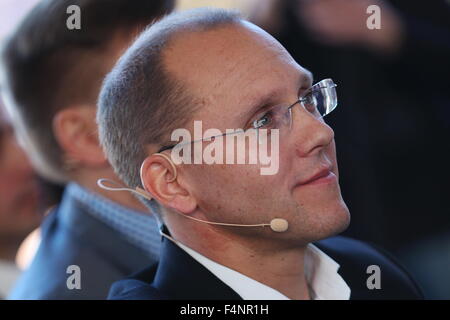 Moscow, Russia. 21st Oct, 2015. TELE2 Deputy General Director Jere Calmes during a press conference on the launch of the TELE2 cell phone provider in Moscow. © Vyacheslav Prokofyev/TASS/Alamy Live News