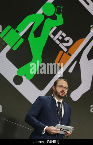 Moscow, Russia. 21st Oct, 2015. TELE2 First Deputy General Director Alexander Provorotov speaks during a press conference on the launch of the TELE2 cell phone provider in Moscow. © Vyacheslav Prokofyev/TASS/Alamy Live News